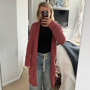 Free People Open-Front Chunky Cardigan in Dusty Rose